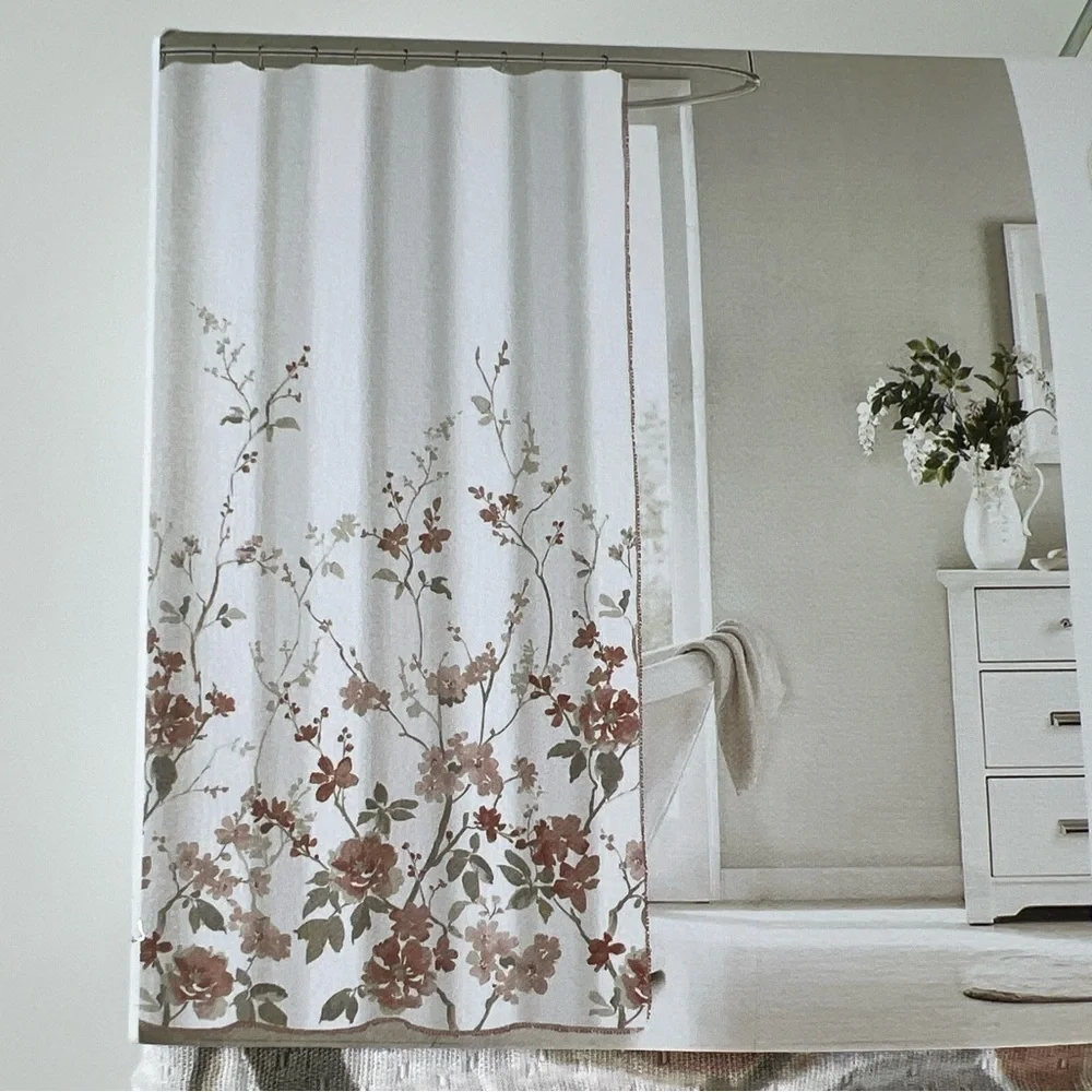 Le Printemps Floral Shower Curtain - Multi Color with Lace Trim - 100% Cotton